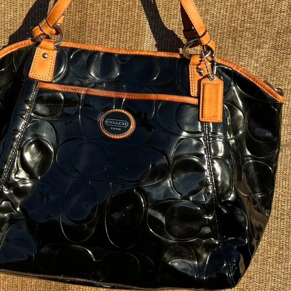 Coach black and tan leather Peyton Embossed Patent Leather Shoulder Tote Bag